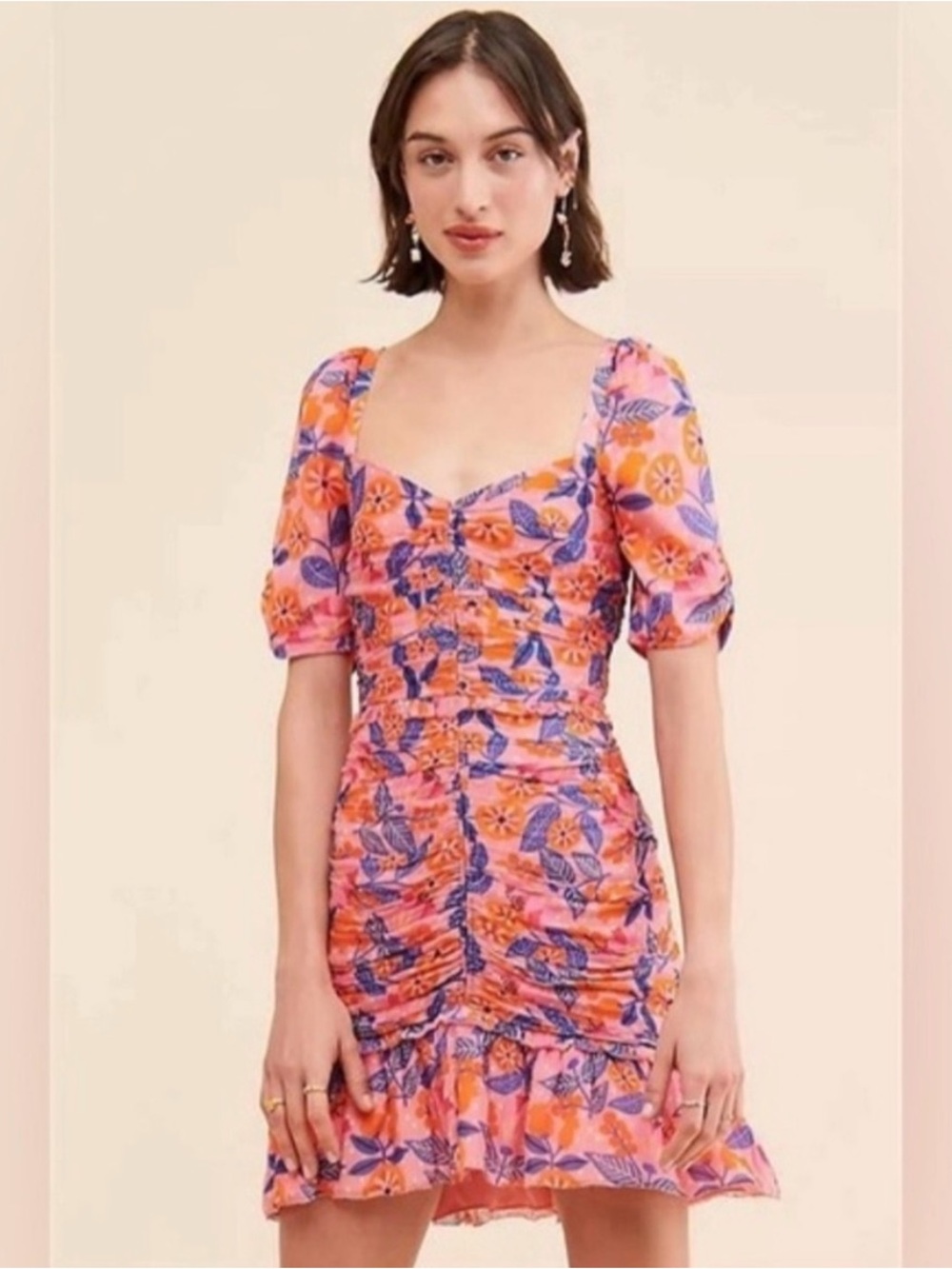 SAYLOR Pink & Orange Floral Ruched Puff-Sleeve Mini Dress